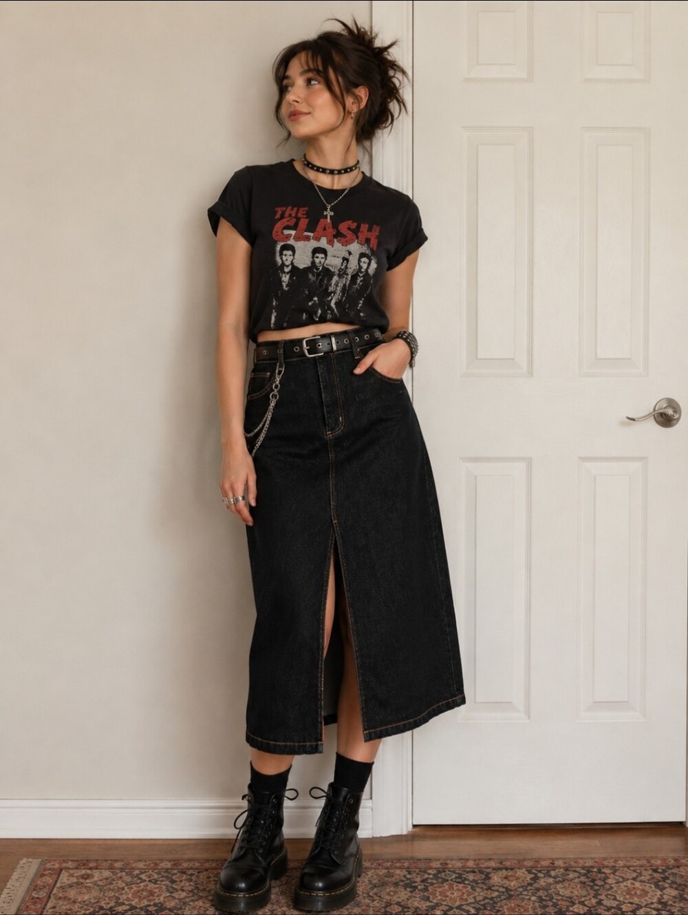 Avec Les Filles Dark Wash Midi Denim Skirt Size Large NWT Front Slit Stretch
